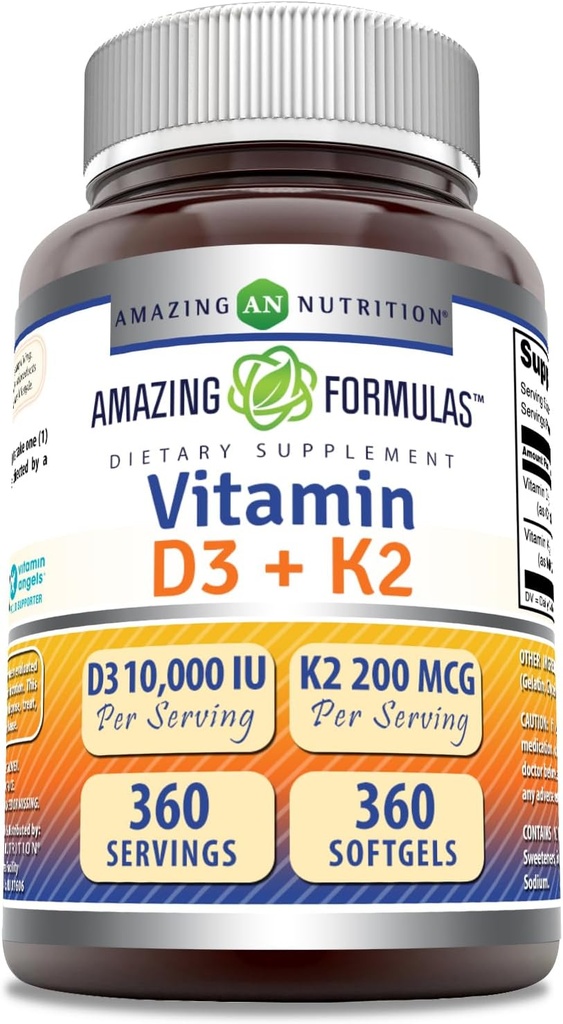 놀라운 수식 비타민 D3 10000 IU 비타민 K2 200 Mcg | D3 + K2 Complex Supplement | Non-GMO | 글루텐 프리 | 미국 (1 팩, 360 카운트)