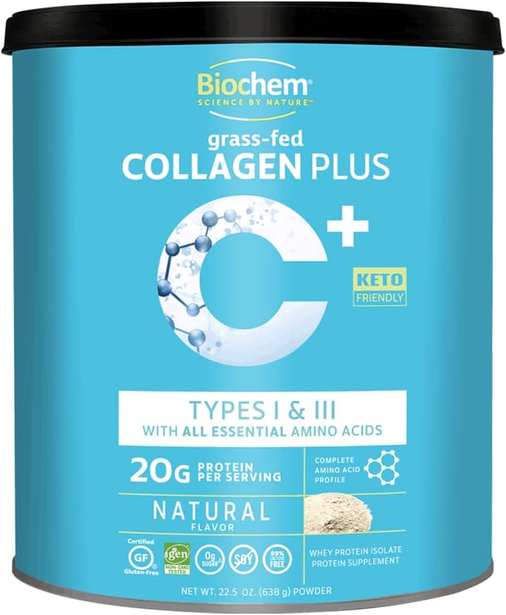 Biochem 교원질 플러스 단백질 - 1.4lb - 자연적인 풍미 - 교원질 단백질 분말의 20g - 머리, 피부, 못, 합동 & 뼈 건강을 승진시킵니다 - 아미노산 - Keto-Friendly - 연약한 조직 지원
