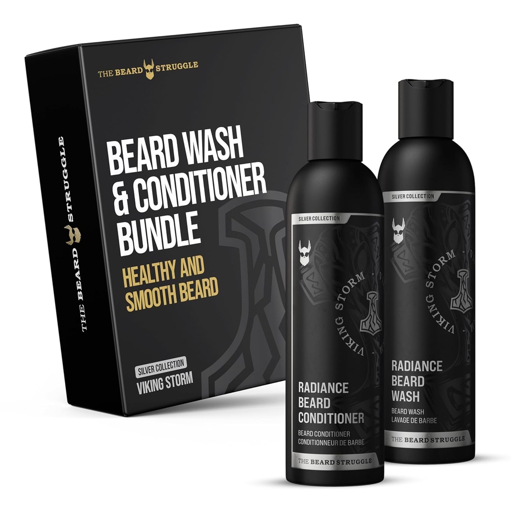 Beard Struggle - Radiance Beard Wash & 컨디셔너 번들 - 실버 컬렉션 - 팩 2, 바이킹 Storm - Nourish, Cleanse, Softens, & Strengthens Beard - 남자를위한 수염 세척 및 컨디셔너
