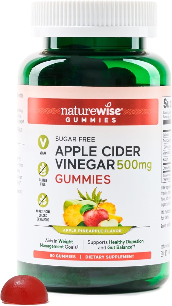 NatureWise Apple Cider Vinegar ACV Gummies - 2, Sugar Free, Vegan - Energy & Gut Health - ACV Gummies W / 비타민 B12-90 Gummies [1000mg / 3 개월 공급 500mg]
