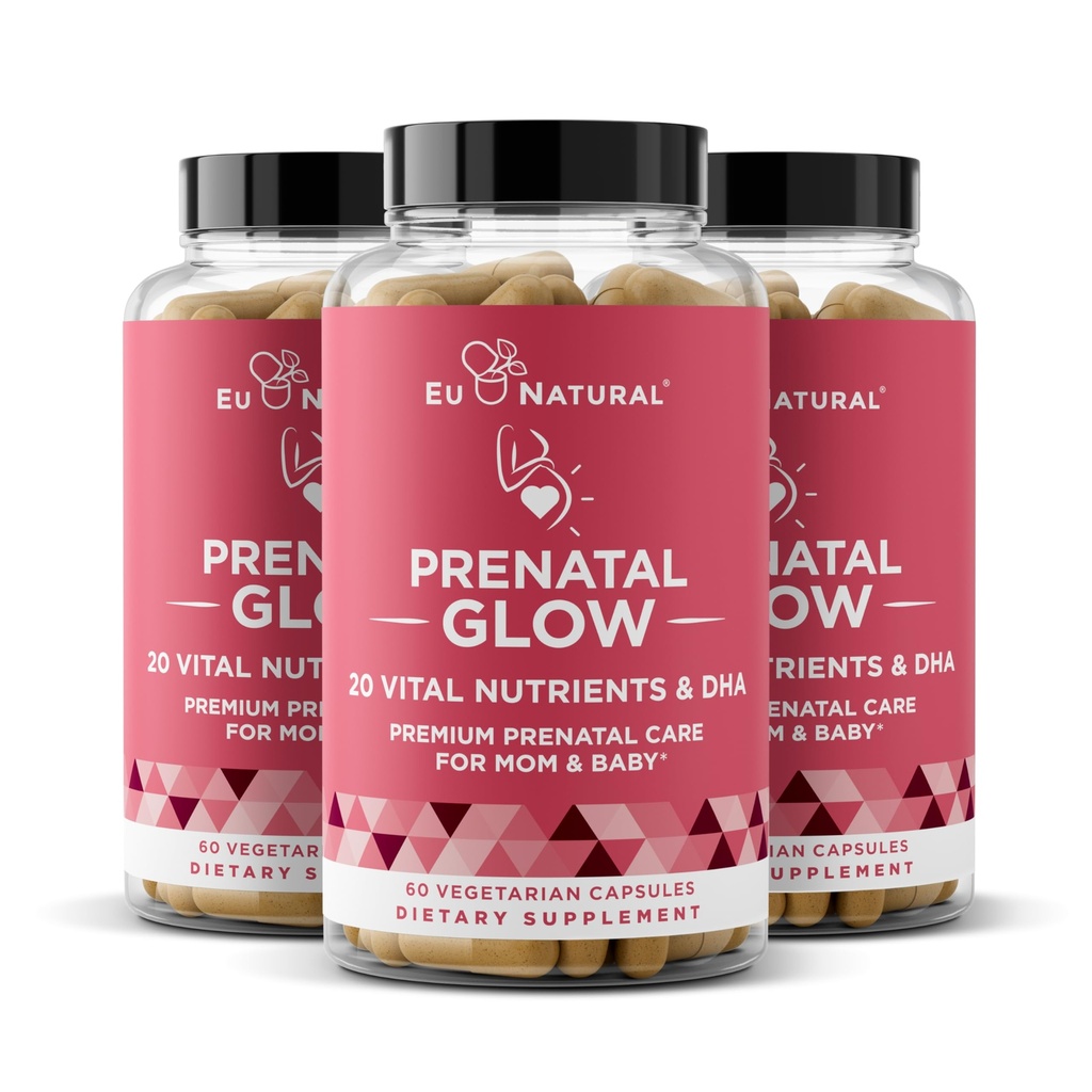 여성 3-Pack 번들을위한 Glow Prenatal 비타민 - 건강한 임신 및 태아 발달을위한 20-in-1 Vital Nutrients - 아기의 성장을위한 Folic Acid & Vegan DHA 및 편안한 임신 - 180 캡슐