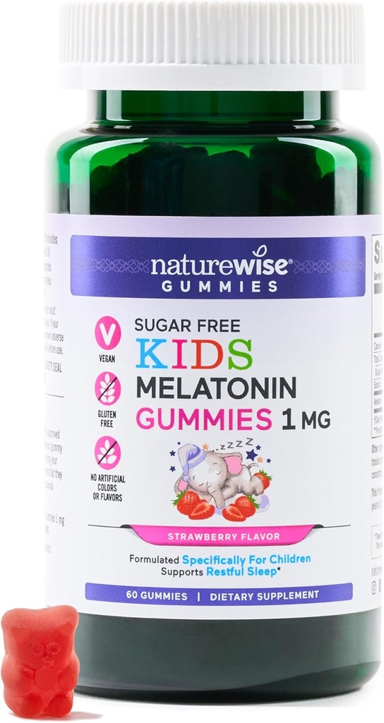 NatureWise Kids Melatonin 1mg Sugar-Free Gummies for Children Ages 4 & Up - 수면 보조를 형성하는 비 - 딸기 맛 - Vegan, 글루텐 없음, 비 GMO - 60 Count[2-Month Supply]