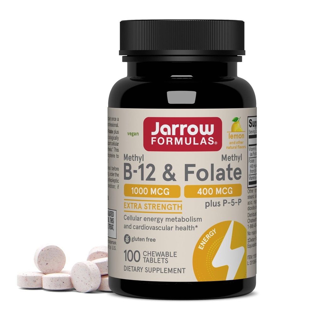 Jarrow 공식 메틸 B-12 1000 MCG와 메틸 Folate 400 MCG의 여분 힘, 세포질 에너지 대사 및 심장 혈관 건강 공식 (1) P-5-P를 가진, 100개의 Chewable 정제, 100 까지 일 공급