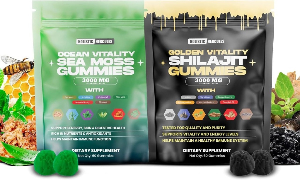 헤라클레스 해 Moss & Pure Himalayan Shilajit Gummies 골드 | 100 % 천연 유기농 채건 | 추가 설탕 | Ashwagandha Tongkat Ali Ginseng Spirulina Moringa Manuka Honey | 60 Gummies 2 Pack