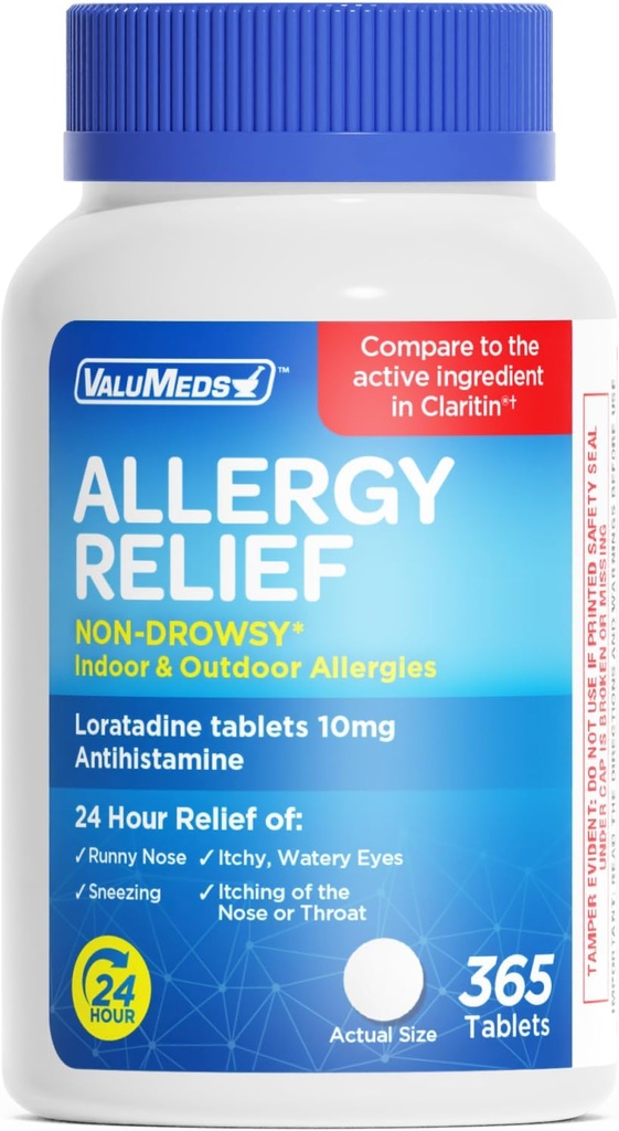 ValuMeds Loratadine 10mg Non-Drowsy 24Hour Allergy Relief Indoor & Outdoor | Runny Nose, Sneezing, Itchy, Watery Eyes의 모든 일 항히스타민 Alergy/Sinus 알약 | 365 정제
