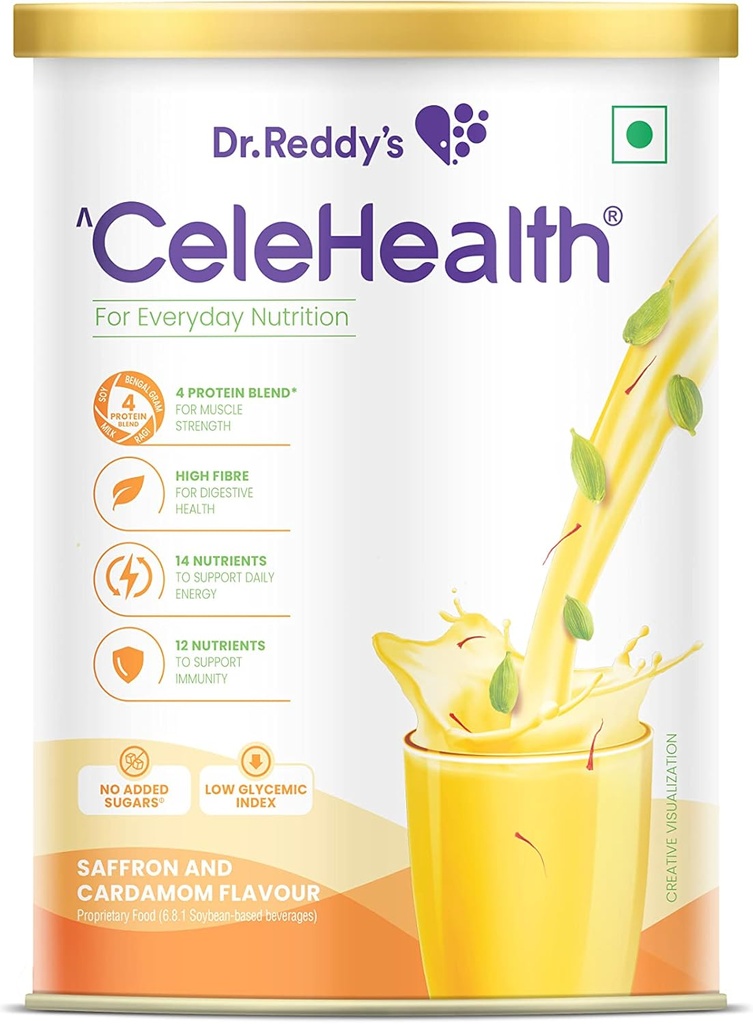 Reddy의 Celehealth 영양 음료, 매일 사용을 위한 단백질 보충교재, 낮은 글리세라이드 색인, 0 추가된 설탕, Saffron 및 Cardamon 풍미, 400g, 황색