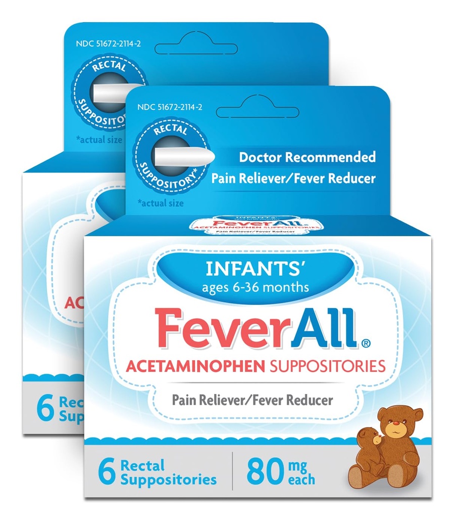 Feverall 유아 Acetaminophen 좌약 6 Rectal 좌약 80mg 각 고통 Reliever/Fever 흡진기. Paraben는, 인공적인 색깔 없음 또는 다른 보존합니다. 연령 6-36 개월. 가치 3 팩.