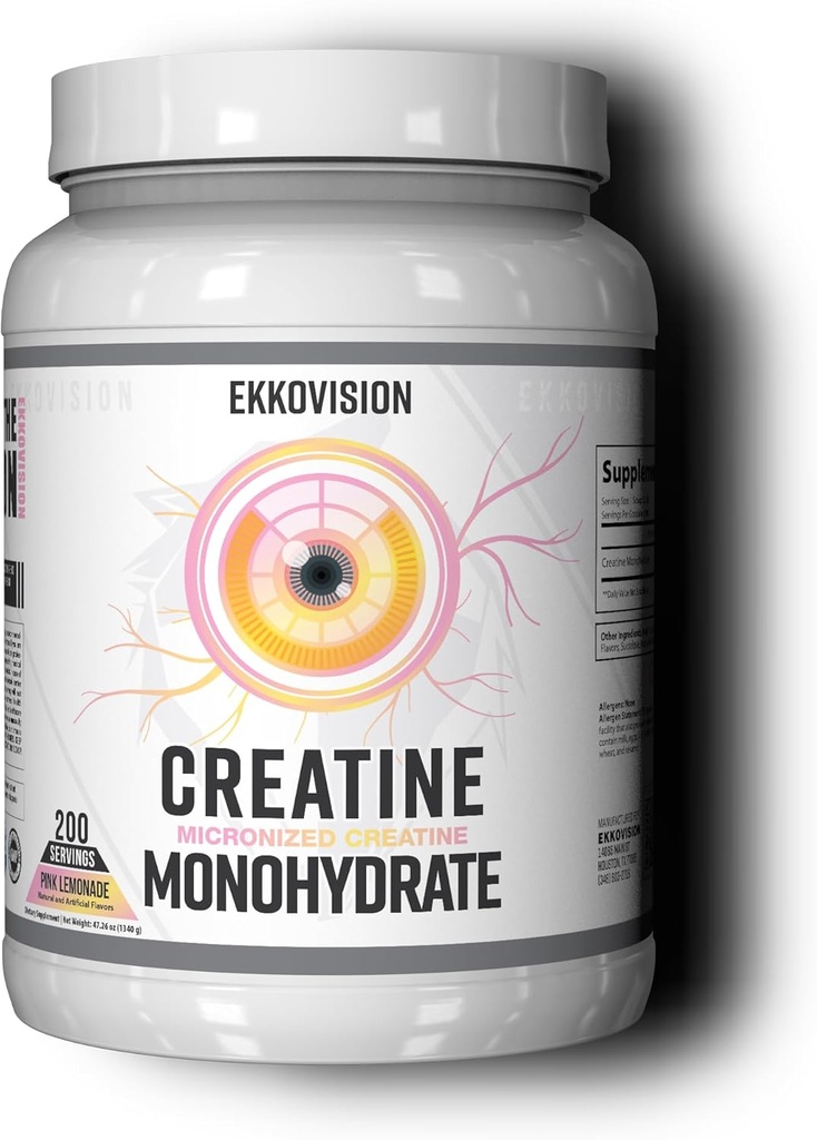 Ekkovision 크레아틴 Monohydrate 분말, Micronized, 분홍색 레몬, 전 운동 & 포스트 운동은 남자와 여자를 위한 보충, 에너지 지원, Shakes, 스무디 & 음료, 200의 서빙에서 섞기 위하여, 쉬운