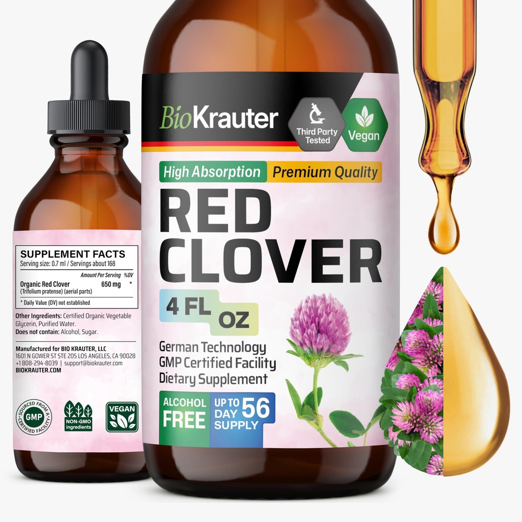 BIO KRAUTER Red Clover Tincture - Red Clover Extract - 여성 지원을위한 액체 보충 - 알코올 및 설탕 무료 - Vegan Drops 4 Fl.Oz.