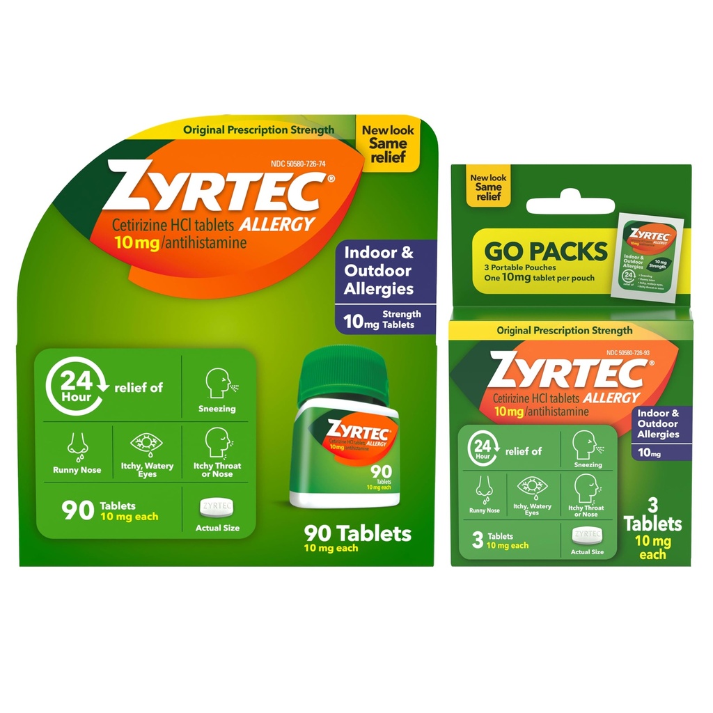 Zyrtec 24 시간 알레르기 완화 정제, 10 mg Cetirizine 염산염 항히스타민을 가진 실내 & 옥외 알레르기 약, 하나, 90 ct 병 & 3의 1개의 ct 여행 팩의 가치 뭉치