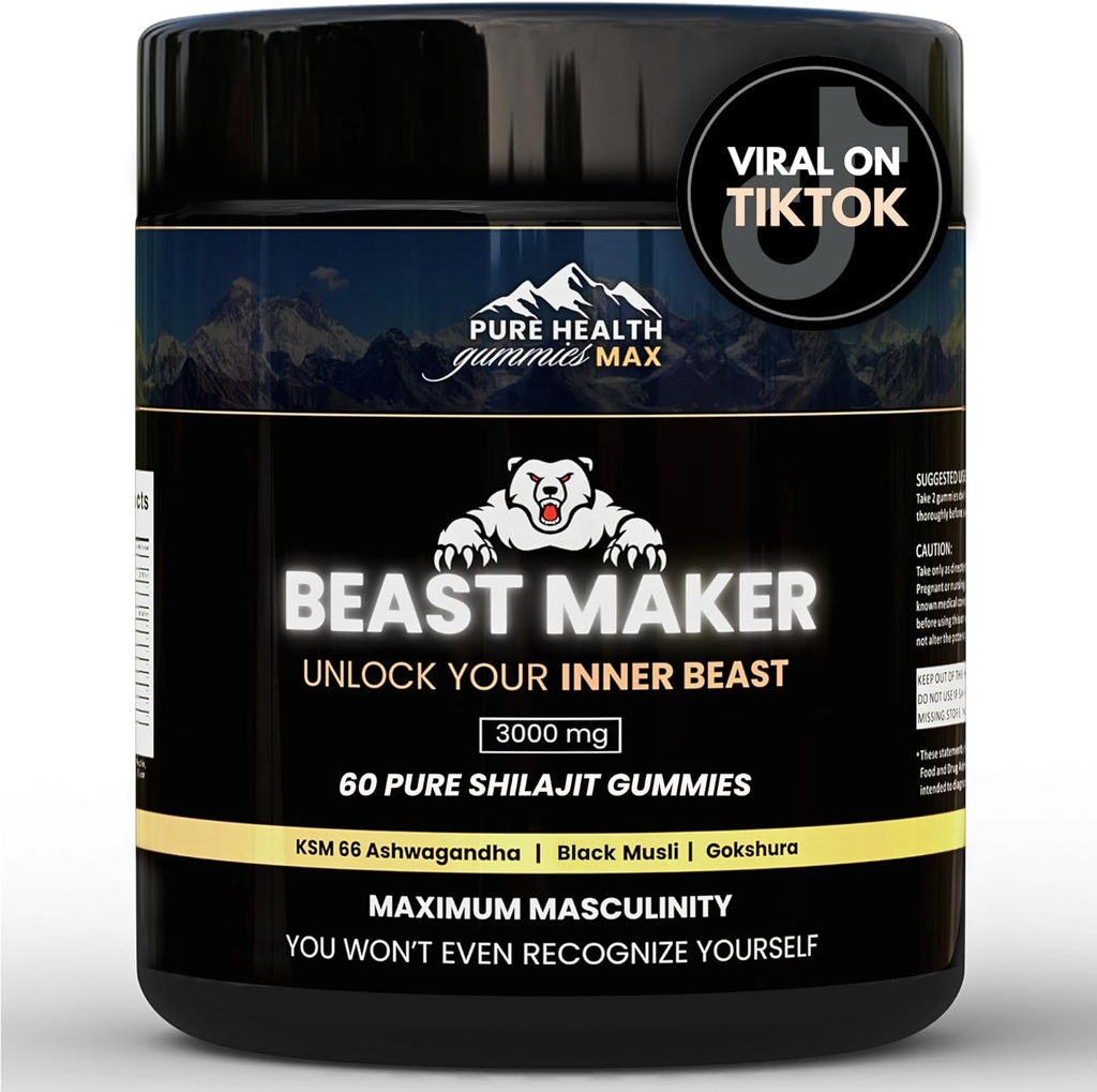 Beast Maker - 남자를위한 순수한 Shilajit Gummies | 자연적인 Himilayan 유기 Shilajit 정품 남성 증진 Ashwagandha, Black Musli, Gokshura | 60 Gummies