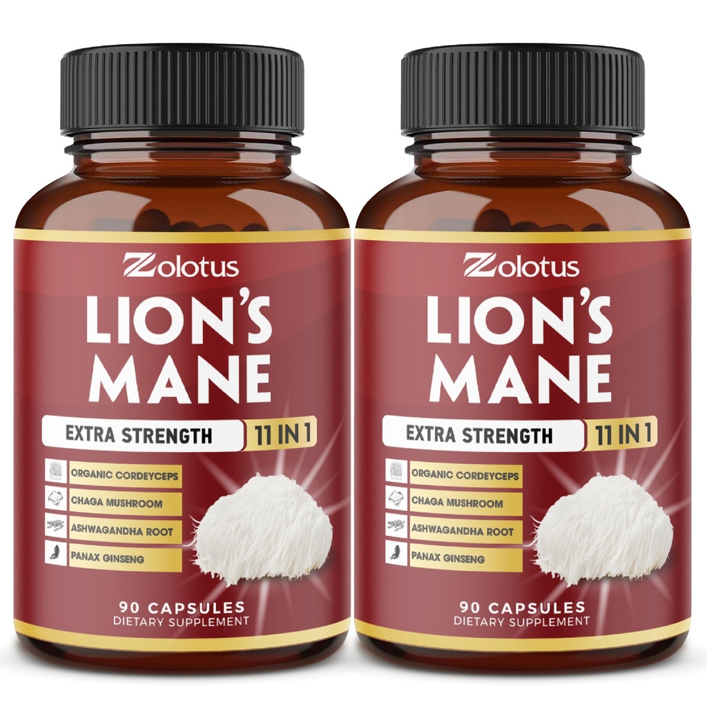 Zolotus 2 팩 90 캡슐 사자 Mane 버섯 보충, Cordeyceps, Reishi, Ashwagandha, 초점, 기억 및 두뇌 지원 보충교재, 면역 지원, 에너지 약을 가진 6 달 공급