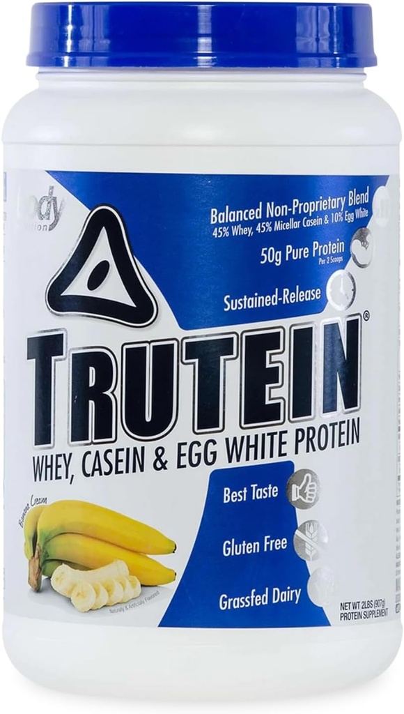 몸 영양 Trutein 높은 단백질 분말: 45% Whey, 45% Casein, 10% 계란 백색, 글루텐 자유로운, 낮은 나트륨, 잔디 페더럴 익스프레스 Whey 단백질 분말, 체육관 보충교재 & 아침 Shake, 바나나 크림, 2lb