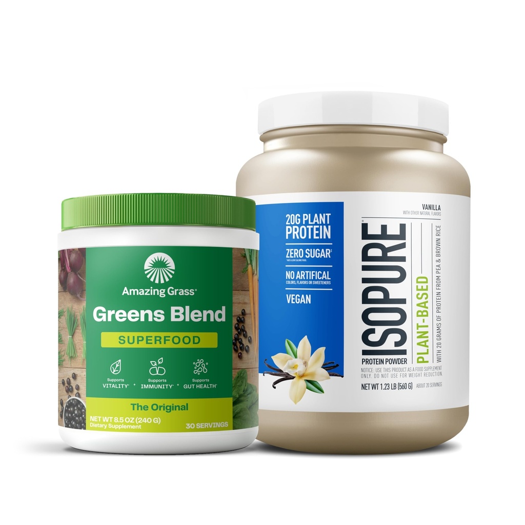 놀라운 잔디 녹색 슈퍼 푸드 분말의 번들 : 원래, 30 서빙 + Isopure Vanilla Vegan Protein Powder, Plant Based, Organic Pea Protein, Dairy Free, 20 서빙 (패킹 May Vary)