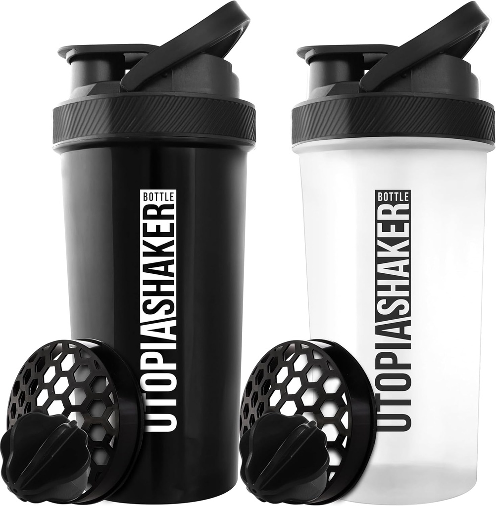Utopia Home Protein Shaker Bottle - (팩 2) 28-Ounce Shaker Bottle For Protein Mixs - 피트니스 스포츠 클래식 단백질 믹서 셰이커 병 (블랙 & 클리어 / 블랙)