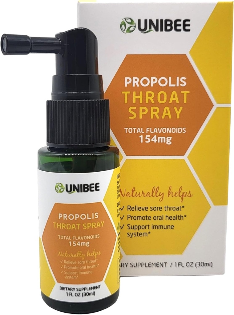 UNIBEE Propolis Throat 스프레이 (총 플라보노이드 154mg) - Sore Throat Relief, 구강 건강 증진, 천연 면역 지원, 알코올 무료 및 수용성 Propolis
