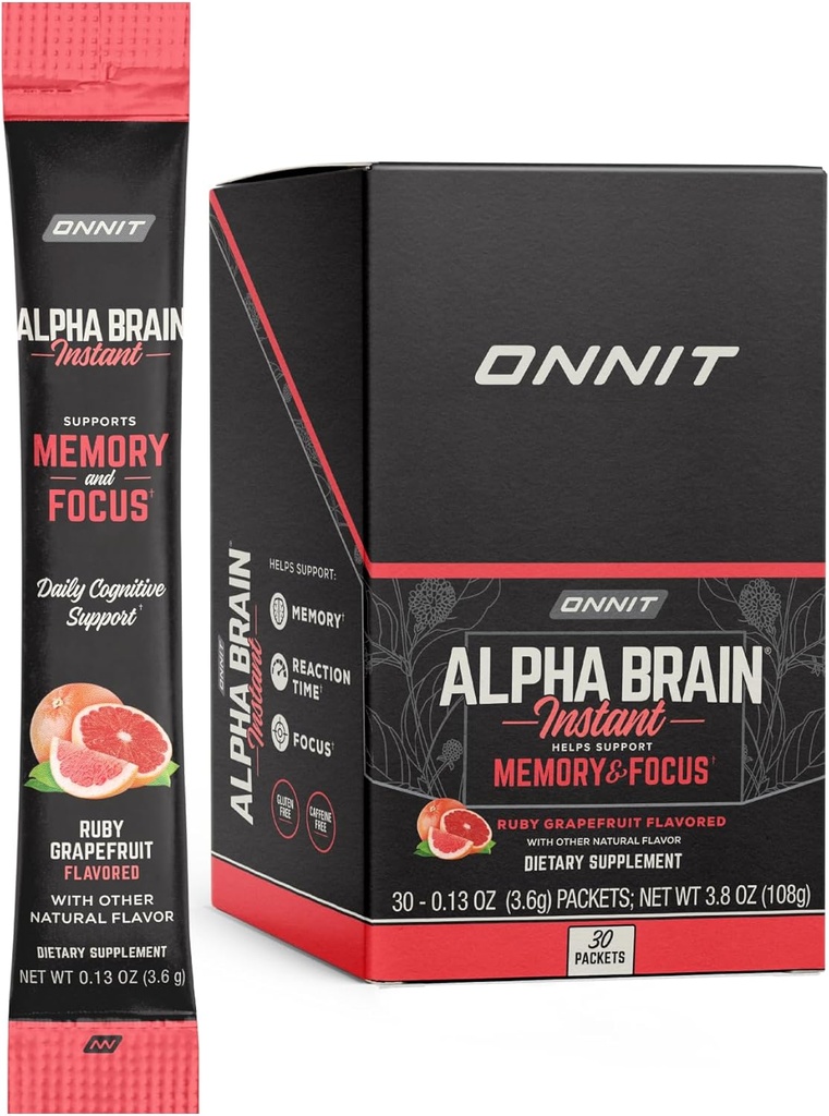 ONNIT Alpha Brain Instant - 루비 자몽 맛 - Nootropic Brain Booster Memory Supplement - Focus, Energy & Clarity - Alpha GPC Choline, Cats Claw, L-Theanine, Bacopa에 대한 두뇌 지원 - 30ct