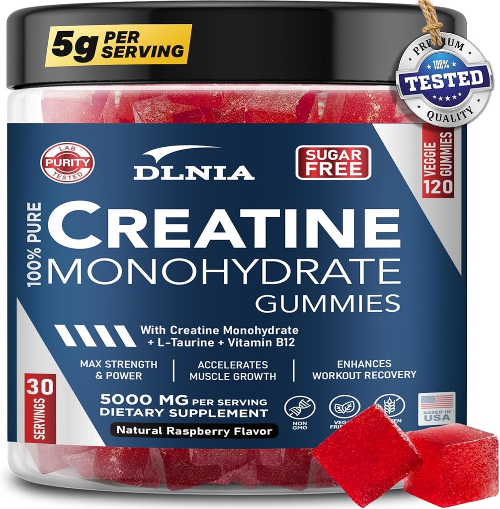 120 Creatine Monohydrate Gummies for Men & Women, Vegan-Friendly, Sugar-Free, & Tasty Chewables - 강화 된 근육 성장, 복구, 및 성능 (Raspberry)