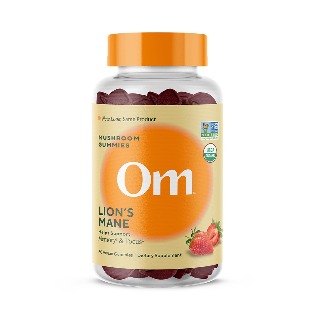 Om Lion 's Mane Mushroom Gummies - 유기 버섯 보충 및 Nootropic - 기억과 초점을위한 뇌 보충제, 60 개 (30 인분)