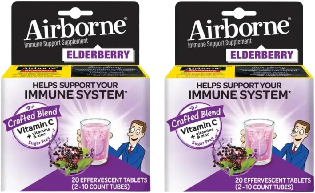 Elderberry Extract + 비타민 C 1000mg (포장 당) - Airborne Effervescent Tablet (20ct), Gluten-Free Immune Support Supplement, 비타민 A C E, ZINC & Selenium, 설탕 무료 (포장 2)