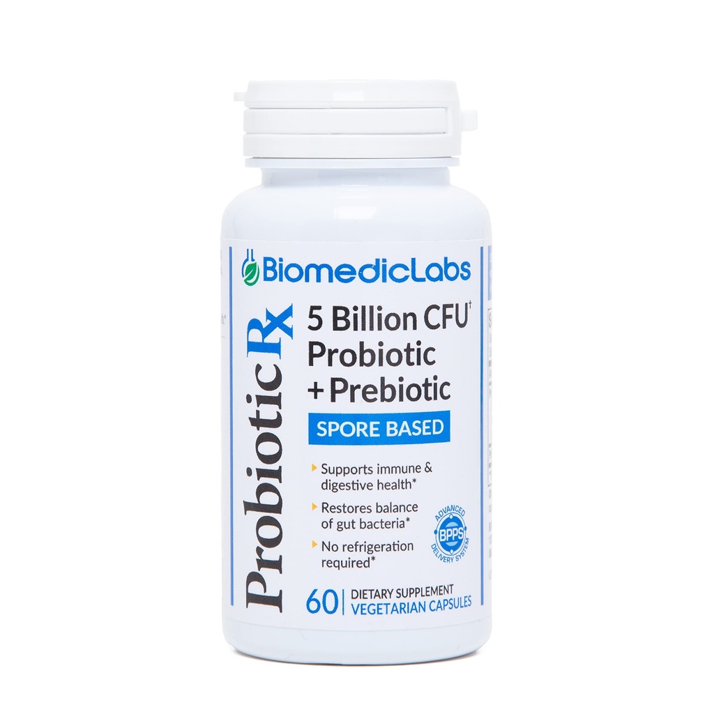 Probiotic Rx : 5 억 CFU - Probiotic + Prebiotic - Spore 기반 - 60 일 공급 - SBO - Immune 및 Gut Health 지원 - Soil 기반 Organisms - 냉동 필요 없음