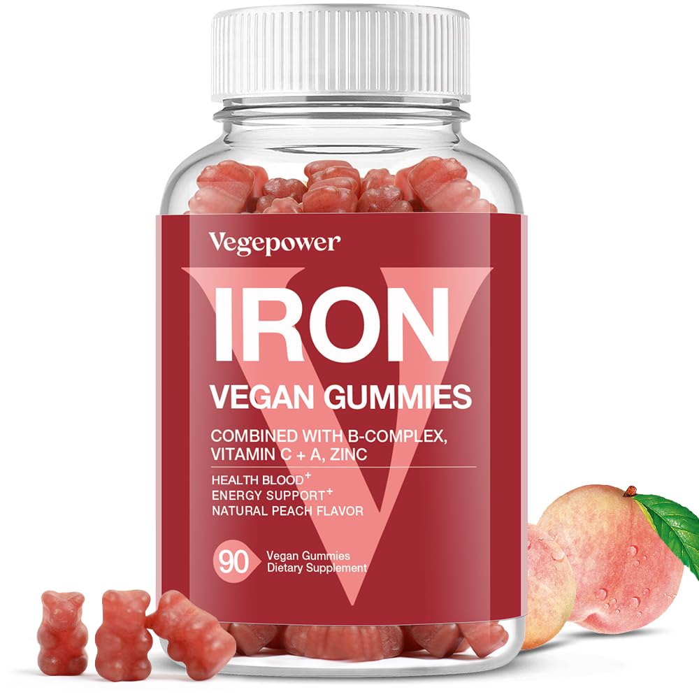 Vegan Iron Gummies 보충교재 - 비타민 C, A, B 복합체, Folate, 성인 & 아이를 위한 아연 - 철 부족을 위한 건강 혈액 & 에너지 지원, Anemia, 맛 후에 아니 - 복숭아 풍미 (90 Ct)