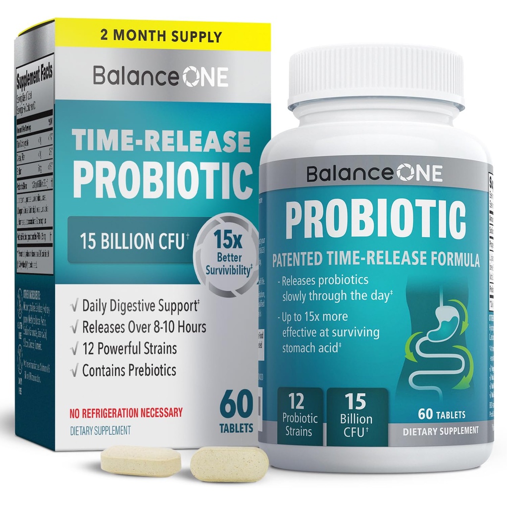 여성 및 남성을위한 균형 ONE Probiotic - 15x Survivability에 대한 Time-Release Tablets - L. Plantarum & L. Acidophilus - Gut & Digestive Health Support - 60 정제