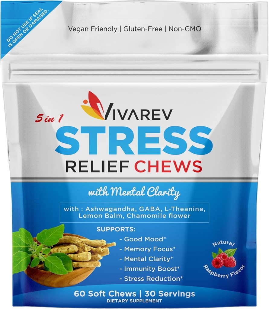 Stress Relief Ashwagandha Gummies - Ashwagandha, GABA, L Theanine, Lemon Balm & Chamomile Flower와 함께 구호 및 초점 보충 - 자연 라즈베리 맛, 팩 60