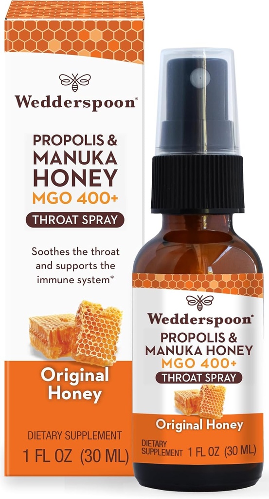 Wedderspoon Propolis 및 Manuka 꿀 Throat 스프레이, 원래 꿀, 1 Fl Oz (팩 1), Sore Throat Relief, 자연 면역 지원