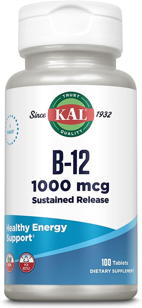 KAL 비타민 B12 1000mcg, 건강한 에너지, 대사, 심장 건강, Nerve 및 빨간 혈액 세포 지원, 오래 견딘 공식, Vegan, 100 서빙, 100 정제를 위한 지속된 방출 보충교재