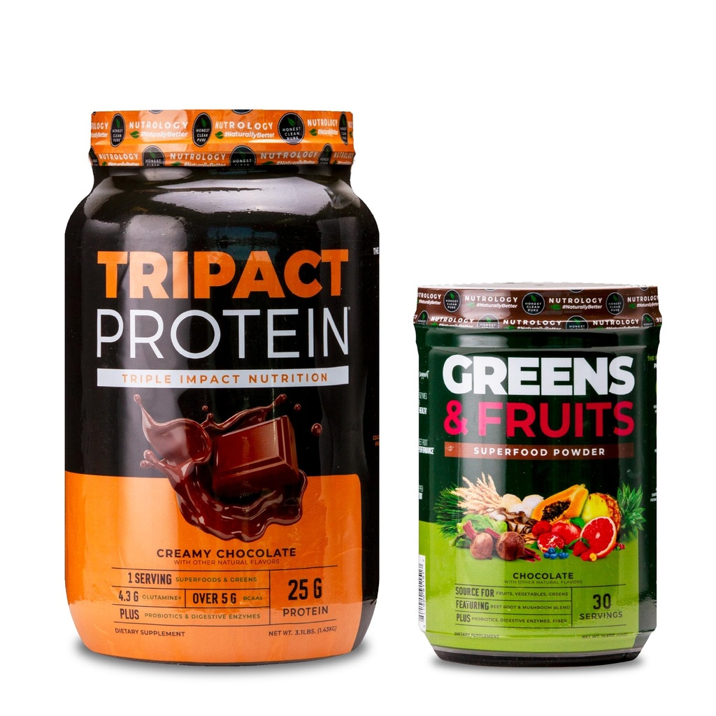 Nutrology TRIPACT Protein Powder, 7-in-1 식사 교체 Shake, 크림 초콜릿 (40 인분) 그린 & 과일 분말-자연적으로 Sourced Superfood, 초콜릿 (30 인분)