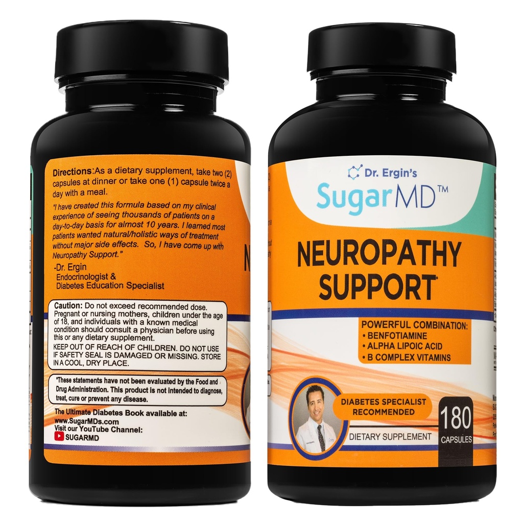 SugarMD Neuropathy 지원 보충교재 – 알파 Lipoic 산, Benfotiamine & 비타민 D3 B6 B12를 가진 180 Nerve 보충교재 캡슐 - 발 손 손가락 & 다리를 위한 Nerve 지원 보충교재 - 90 일 공급