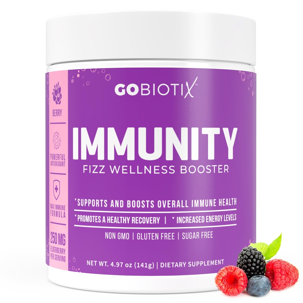 GOBIOTIX 비타민 C - 면역 방어 지원 보충 - 면역 분말 웰빙 부스터 - Vegan Superfood - Elderberry, Turmeric, B12 비타민 보충, 비 GMO 및 설탕 무료 (베리)