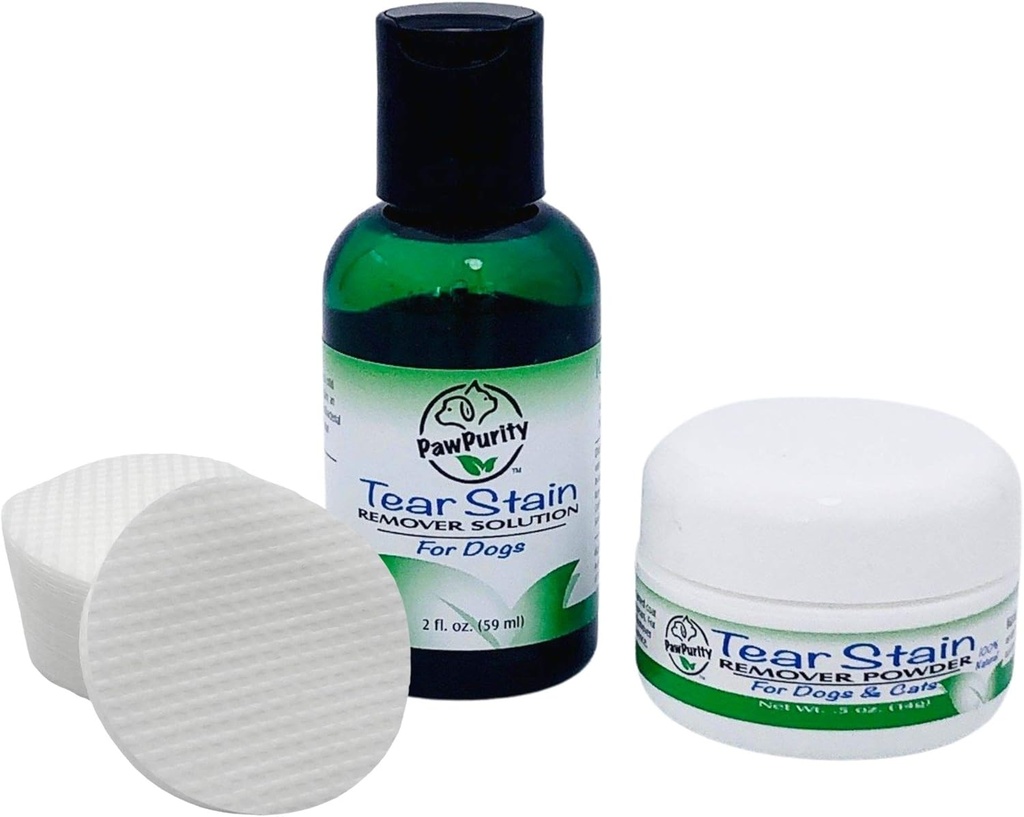 PawPurity Tear Stain Remover Starter Kit for Dogs | Tear Stain Remover Solution 2 oz, Powder .5oz 및 30 Application Pad 포함 | 100 % 천연 | 제거 약 7-10 일 (30-45 일 공급)