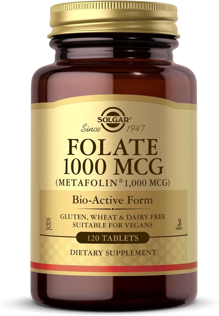Solgar Folate 1000 mcg - 120 정제 - 1000 mcg Bio-Active Metafolin - Vegan, Gluten Free, Dairy Free, Kosher - 120 서빙