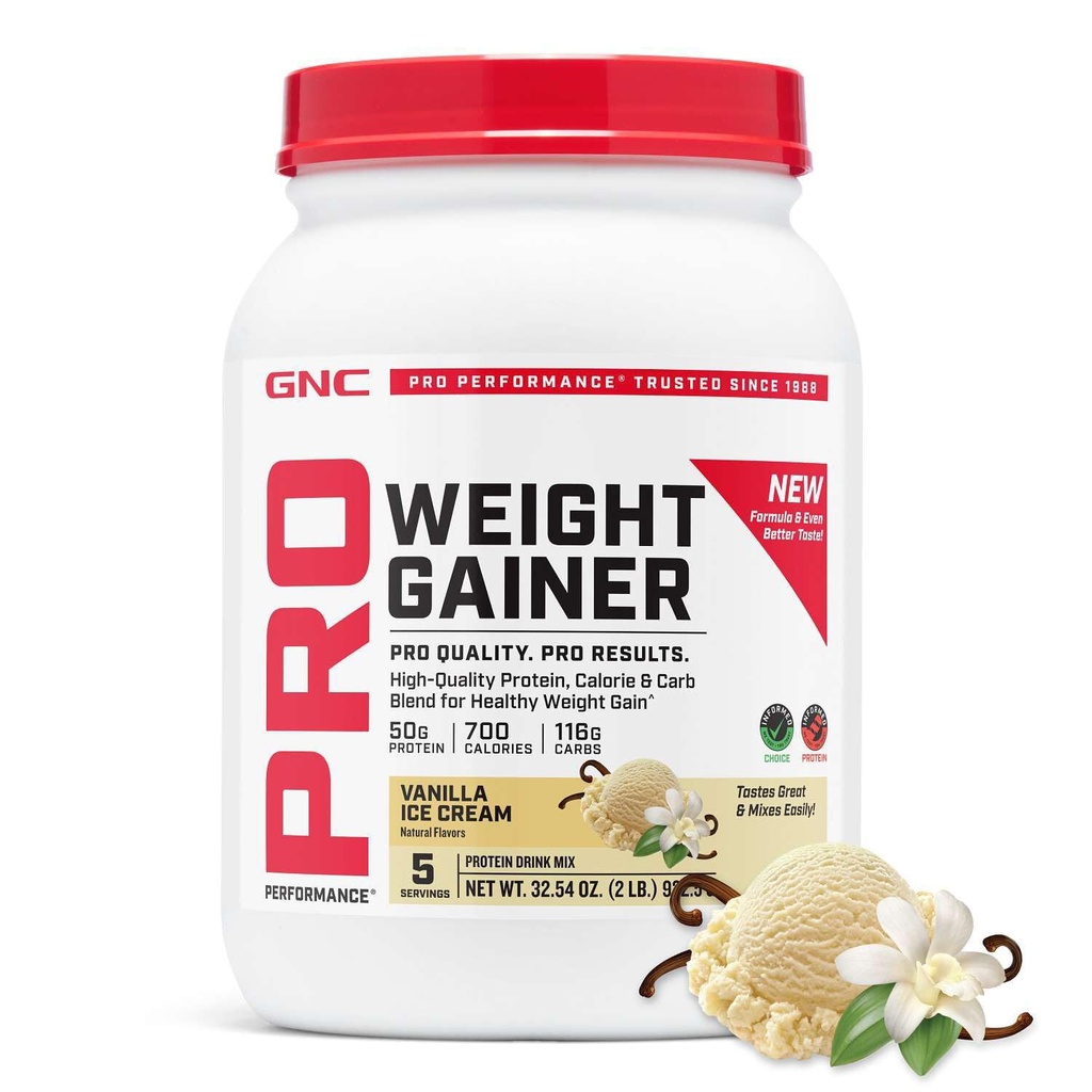 GNC 직업적인 성과 무게 게인업자 단백질 분말, 50g 단백질, 높은 칼로리, 700 칼로리, 지원 질량과 근육 회복, MCT, BCAA, 3rd 당 시험되는, 바닐라 아이스크림, 6개의 서빙, 2.5 lbs