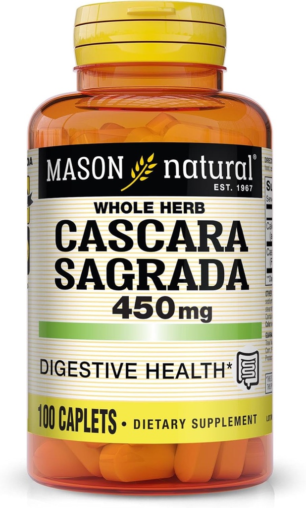 MASON NATURAL Cascara Sagrada 450 mg의 정상적인 소화 기능 지원을 위한 초본 보충교재, 100개의 모자