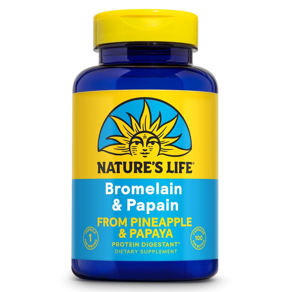 Nature's Life Bromelain & Papain | 소화 지원 및 편안함을 위한 Proteolytic 효소 | Pineapple & Papaya | 250mg Ea | 100 채식 캡슐