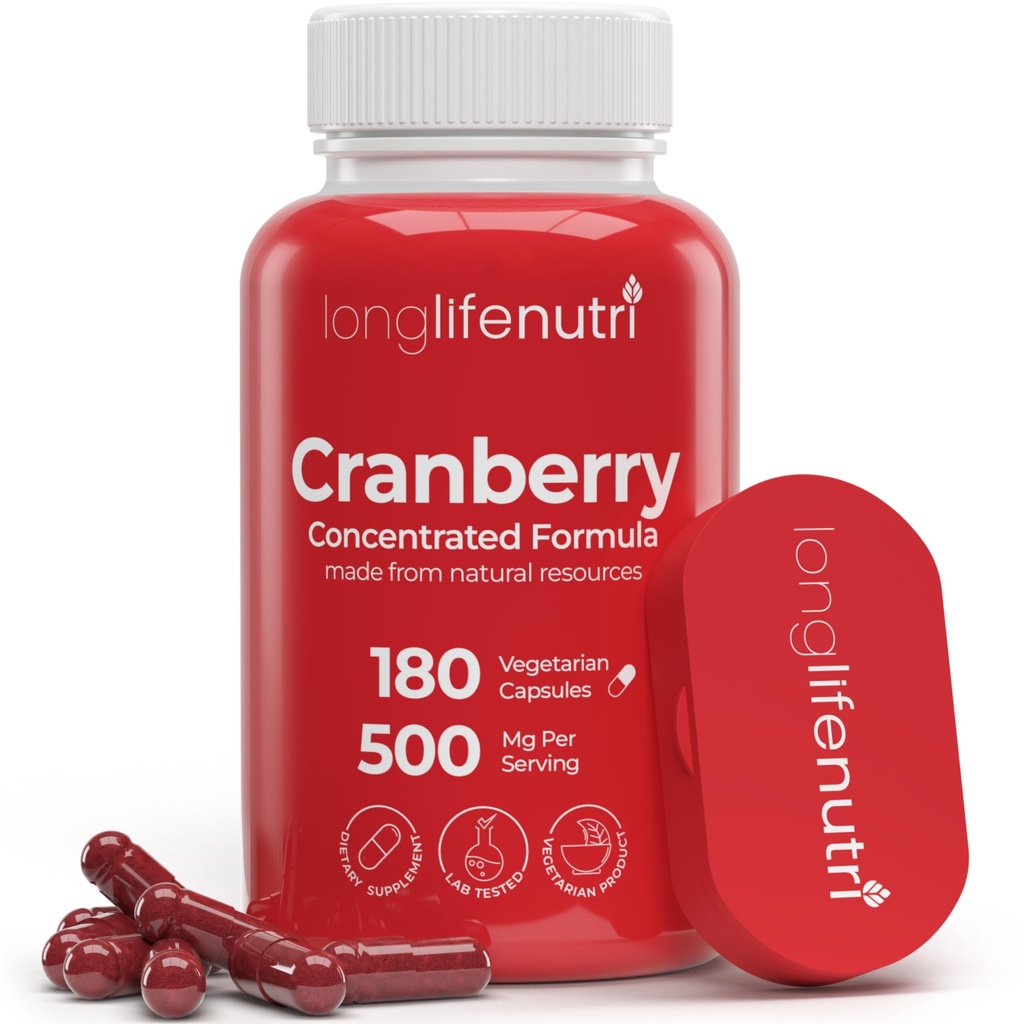 비타민 C & E를 가진 LongLifeNutri 크랜베리 추출물 - 순수한 집중된 공식, 서빙 당 500mg, 180 채식 캡슐, Urinary Tract 건강 & Bladder, 미국에서 만드는 6 달 공급
