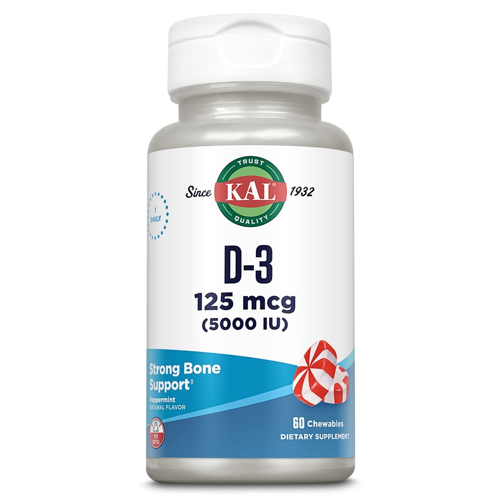 KAL 비타민 D3 5000 IU 125 mcg, 높은 힘 비타민 D Chewables, 칼슘 흡수, 뼈 건강 및 면역 지원 보충교재, 자연적인 Peppermint 풍미, 60 일 보증, 60의 서빙, 60의 가슴