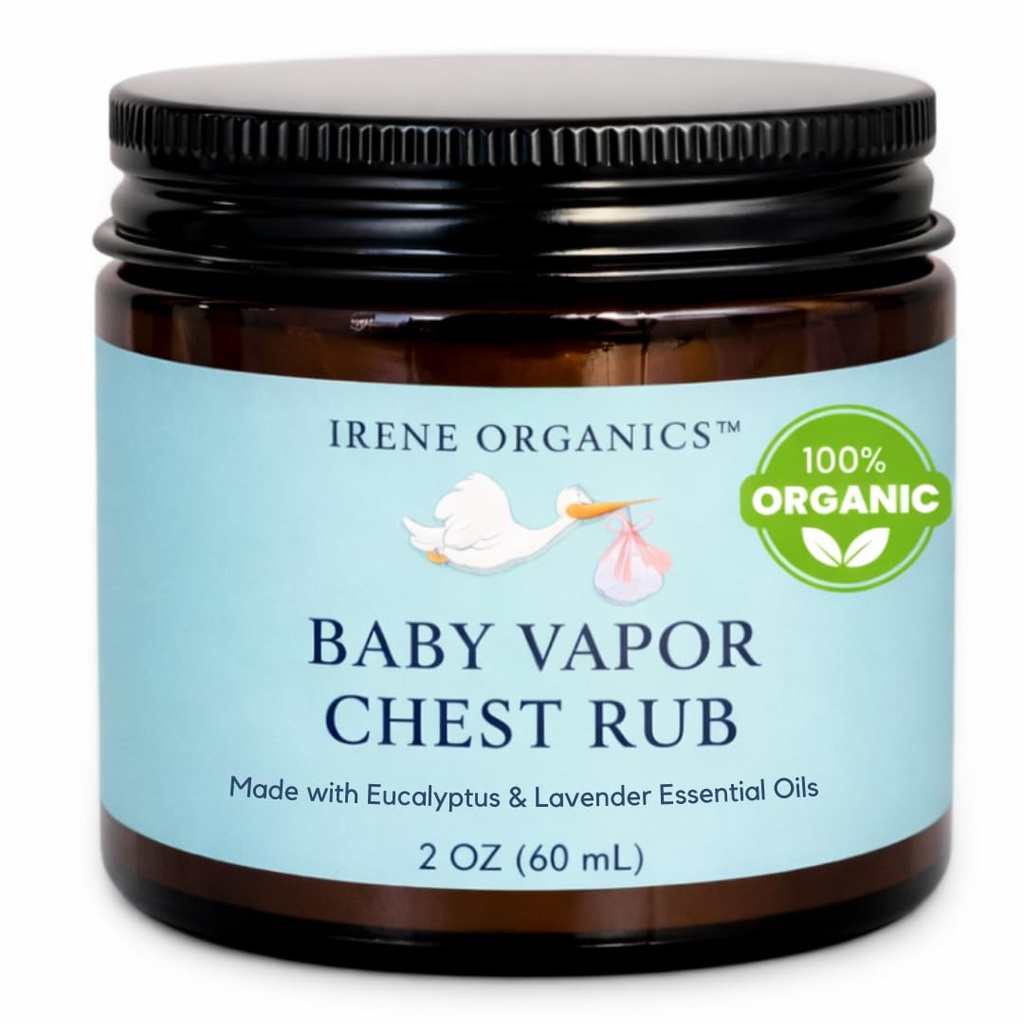 Irene Organics Organic Baby Vapor Chest Rub Clean Vapo Rub Eucalyptus Essential Oil, 모든 연령, 신생아 및 유아, Sick Kids Essentials와 같은 비 독성 성분으로 만든