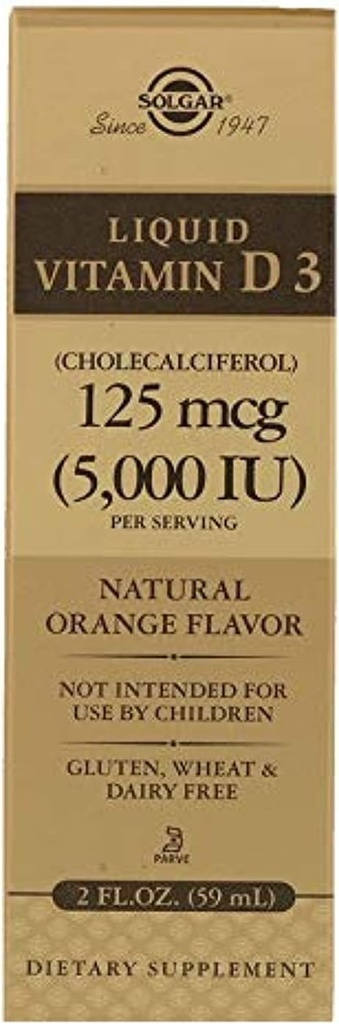 Solgar 액체 비타민 D3 125 mcg (5,000 IU) - 2 fl oz - 맛있고, 자연적인 오렌지 맛 - 건강한 뼈 & 치아 유지 - 면역 체계 지원 - 글루텐 무료, 낙농장 무료, 고셔 - 59 서빙
