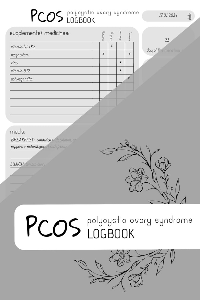PCOS LOGBOOK : 보조 추적기, 식사 계획, 기간 추적기, 150 페이지, 6x9 in, Minimalist Design