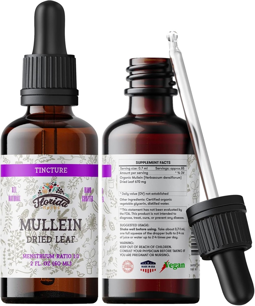 Mullein Tincture 추출물, 유기 Mullein (Verbascum densiflorum)는 찬 압박한 야채 글리세린 670 mg에 있는 잎 초본 보충교재를 말렸습니다