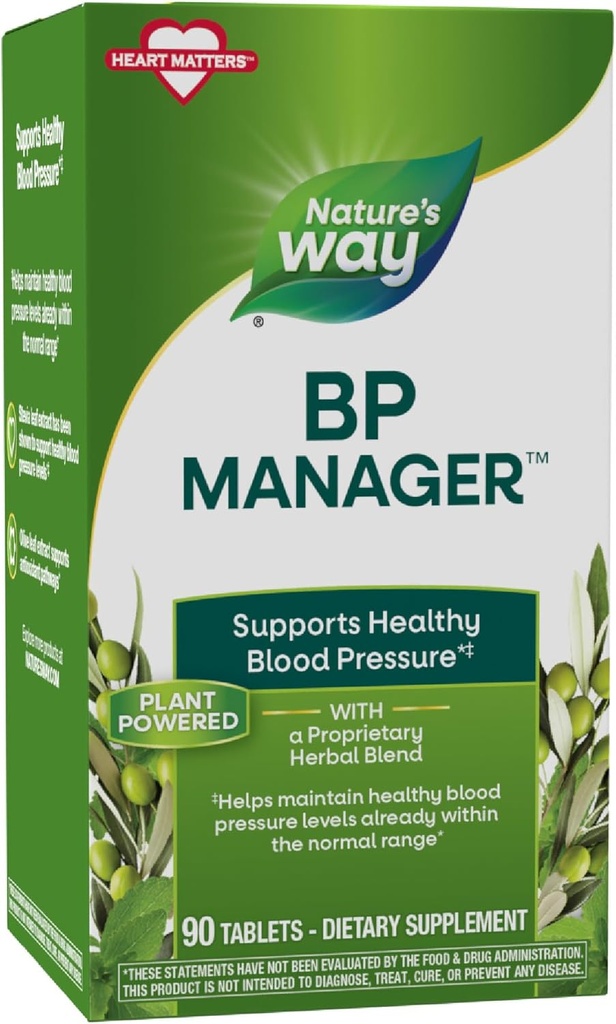Nature's Way BP Manager, 건강한 혈압(1) & Heart Health*, Stevia, Hawthorn, & Olive Leaf Extracts, 90 Tablets (패키지 May Vary)