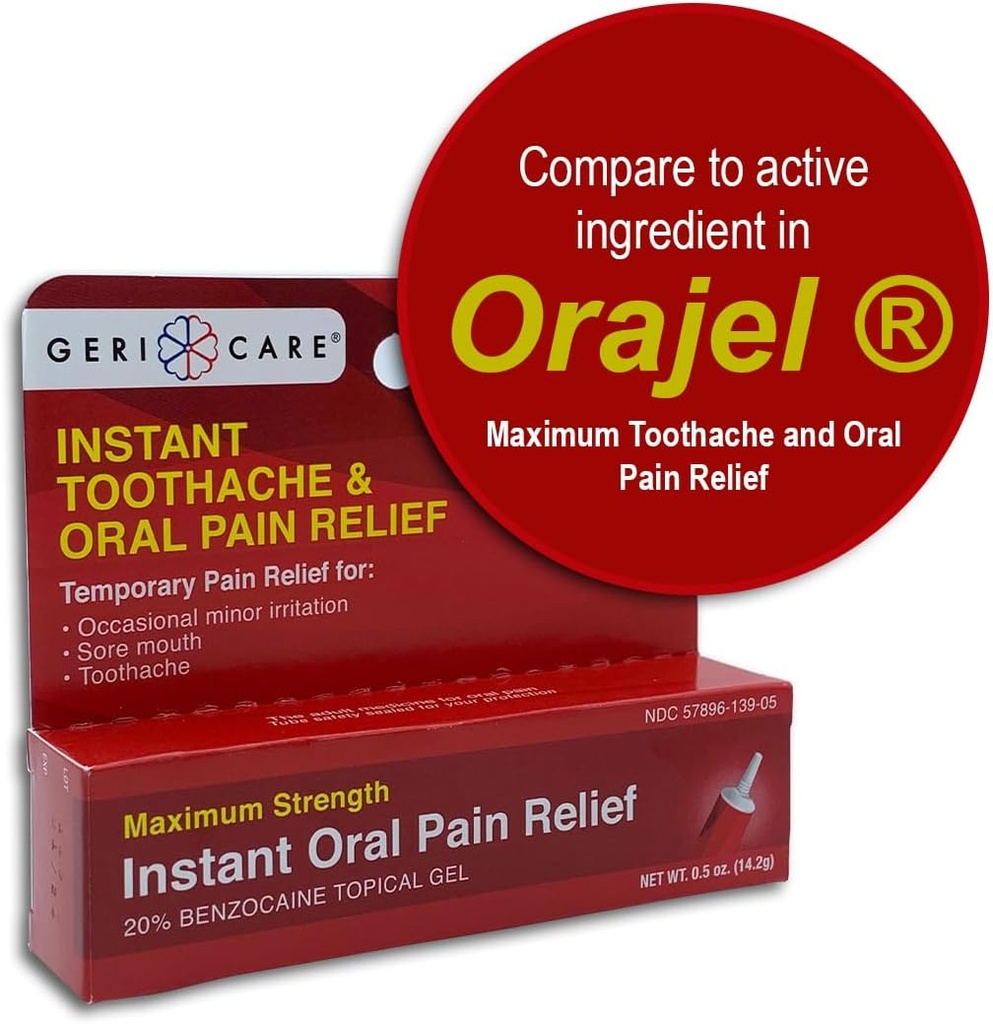 GeriCare Benzocaine 20% 최대 힘 Toothache & 구두 즉시 진통 젤 0.5 oz. Toothaches, Gum Irritation, 감도 & 입 Sores를 위한 빠른 행동 엄지 고통 처리, (1의 포장)