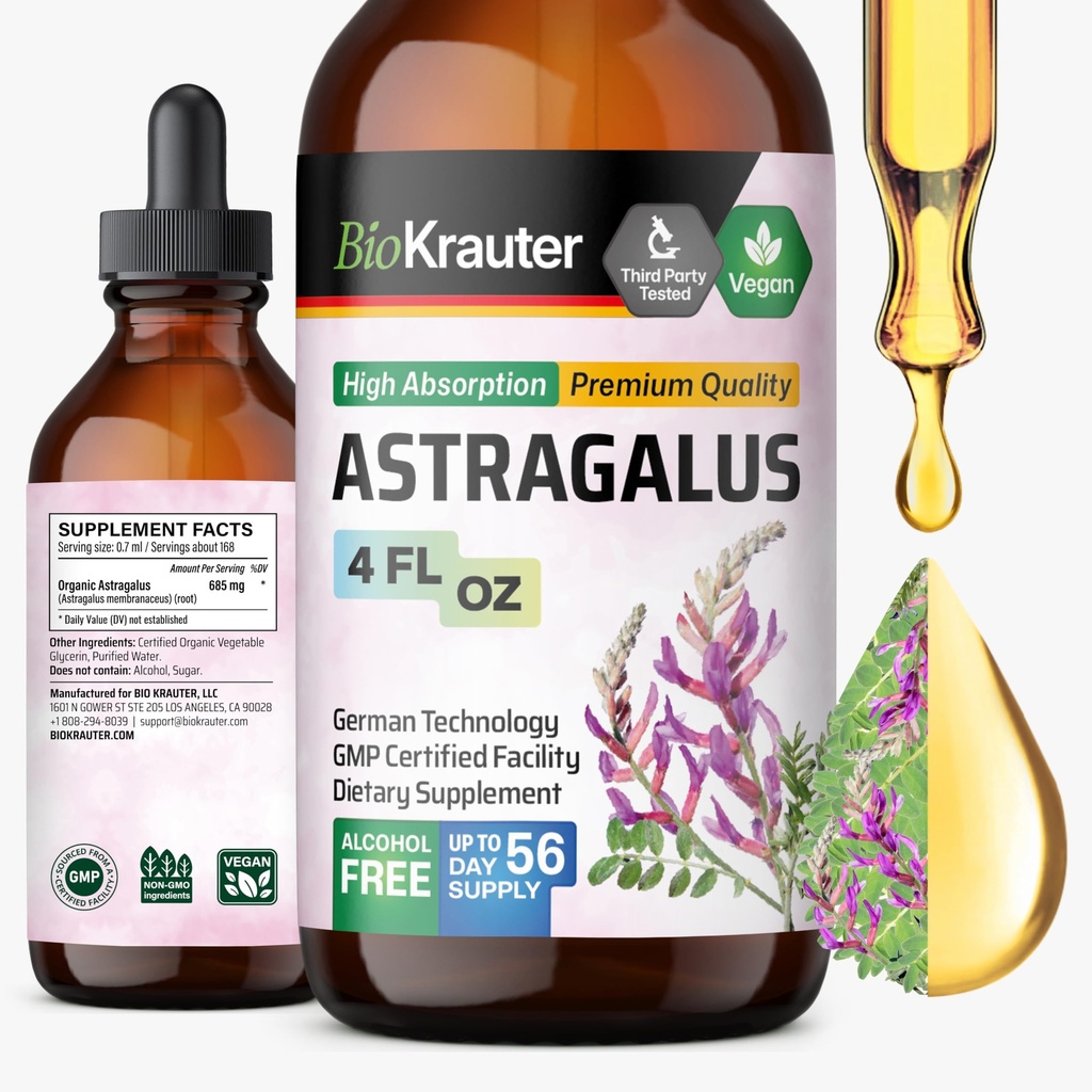 BIO KRAUTER Astragalus Tincture - 면역 지원을위한 Astragalus 뿌리 추출물 - 알코올 및 설탕 무료 - 높은 흡수 - Vegan Drops 4 Fl.Oz.