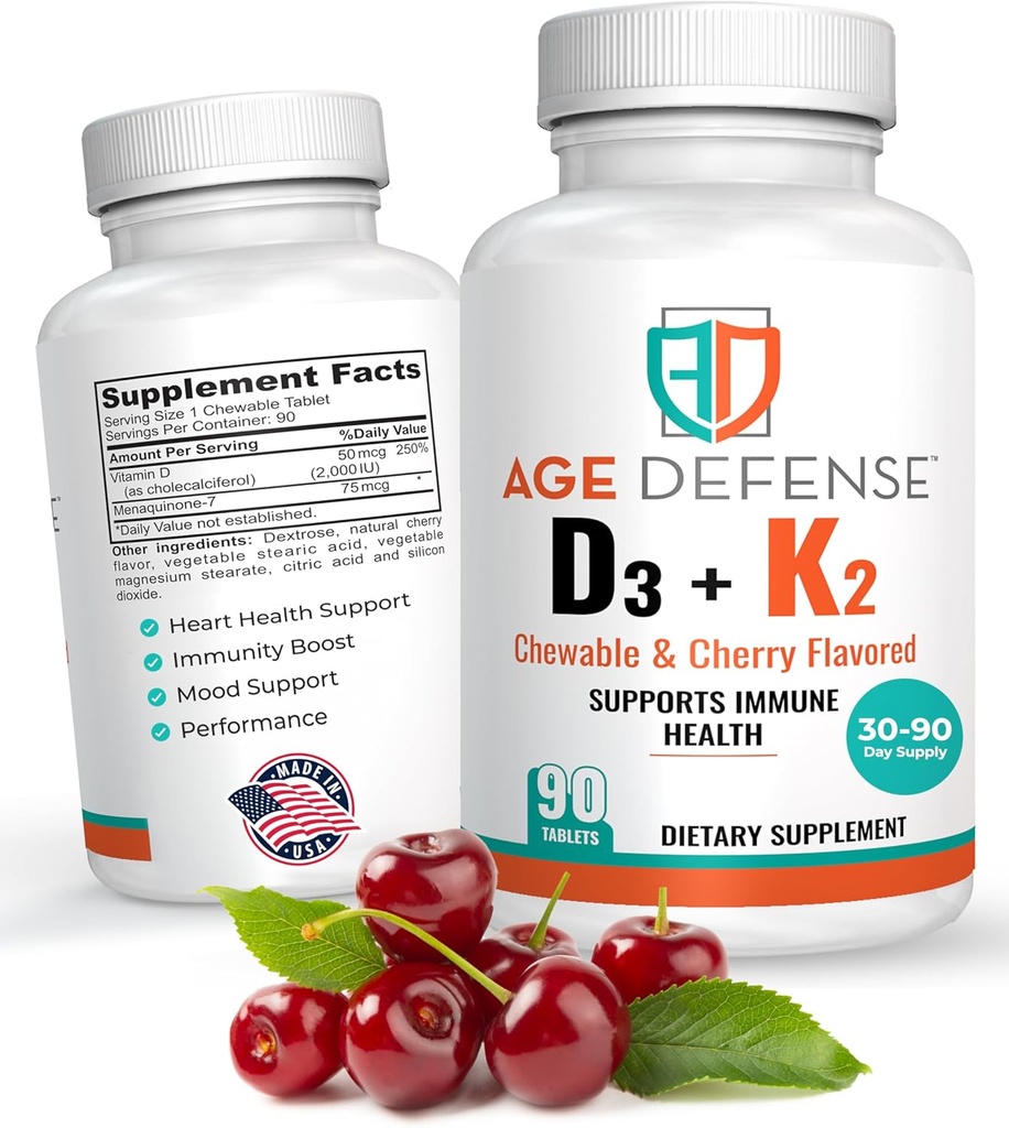 K2-90 Chewable 정제와 비타민 D3 2000 IU Cherry flavoring-Natural Energy Booster-Supports Vitality, Immune Health, 및 남성 및 여성을위한 비타민 K2와 전체 웰빙 비타민 D3