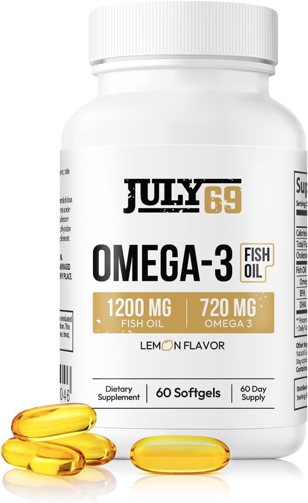 오메가 3 물고기 기름 - 1200 MG 물고기 기름, 720 MG 오메가 3, 레몬 맛, 60 Softgels, 힘 & 건강, 높은 힘, 여자 & 남자를 위한 자연적인 EPA-DHA Softgels