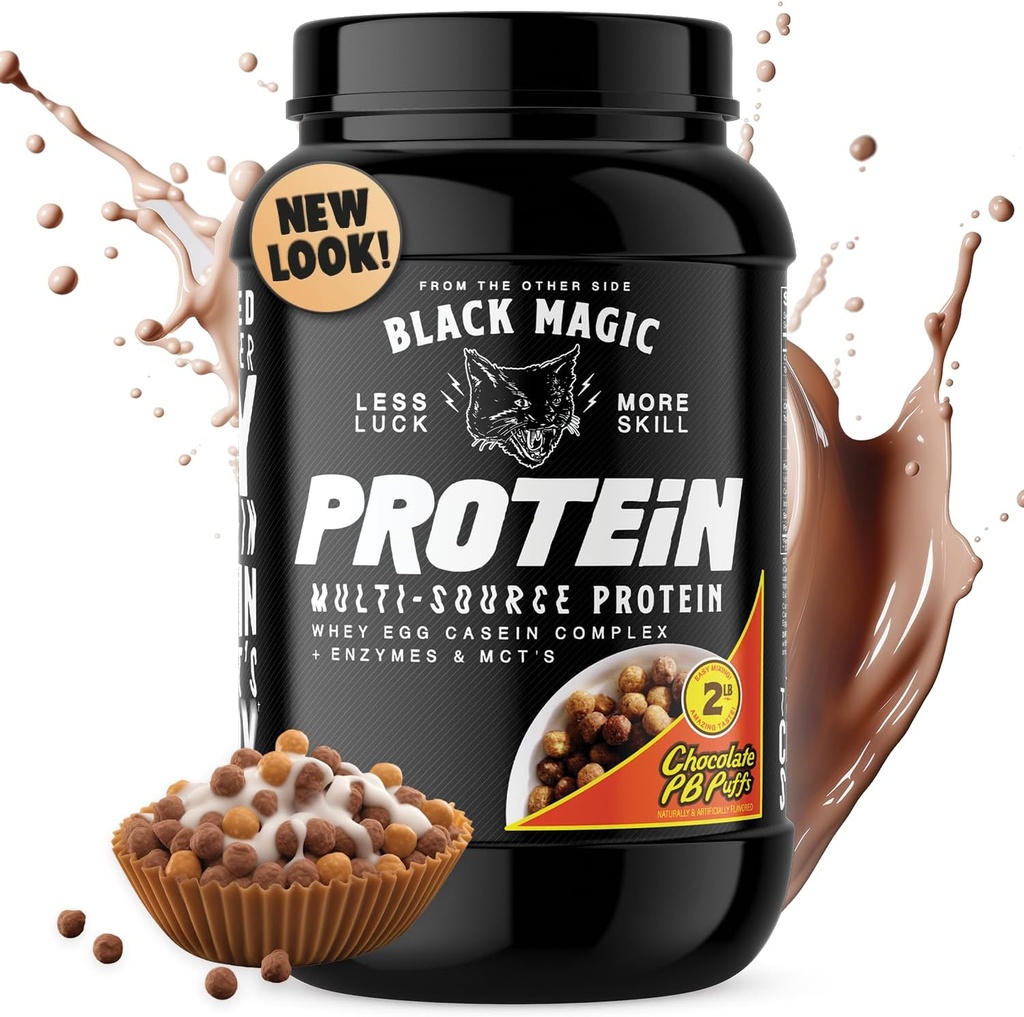 Black Magic Protein Powder - 효소 및 MCT 파우더가있는 Whey, Egg 및 Casein Complex - 사전 운동 및 포스트 운동 - 새로운 모습 - 유명한 초콜릿 땅콩 버터 퍼프 - 24g Protein - 2 LB